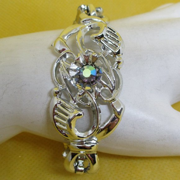 AB Rhinestone Silver Tone Bracelet Ornate Open Work Arora Borealis Rhinestone - Picture 1 of 11